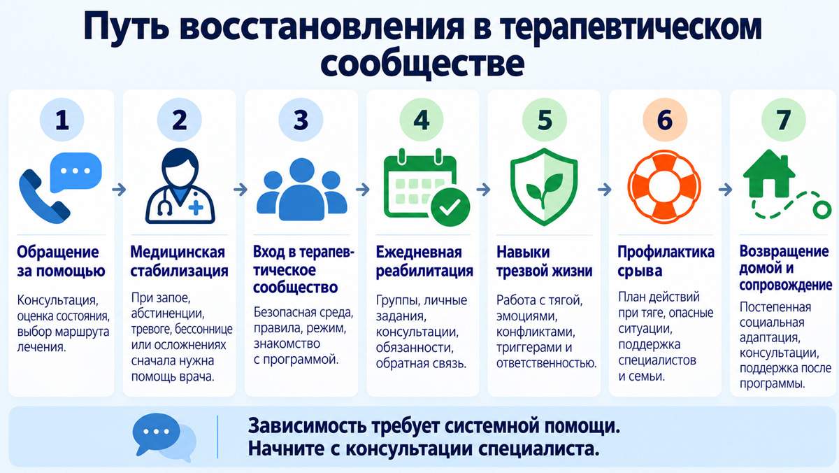 Путь восстановления в терапевтическом сообществе: семь этапов от обращения за помощью до возвращения домой и сопровождения.