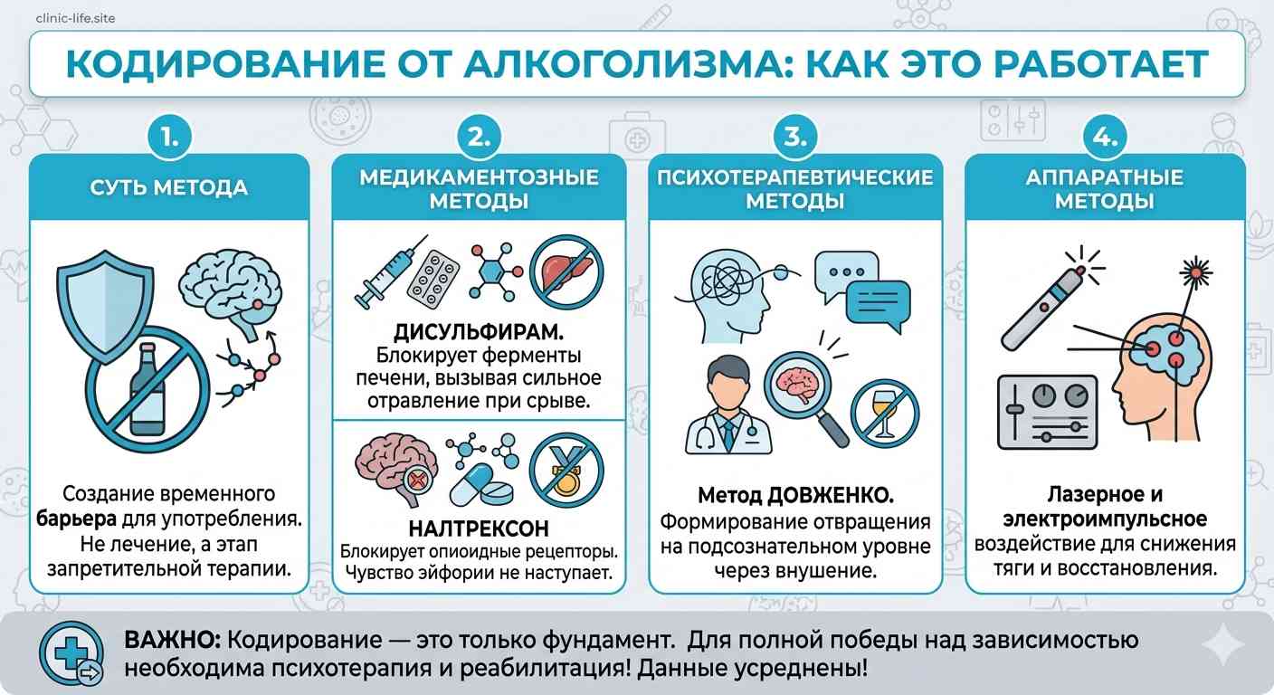 Инфографика что такое кодирование от алкоголизма: сравнение методов дисульфирама, налтрексона, метода Довженко и аппаратного воздействия