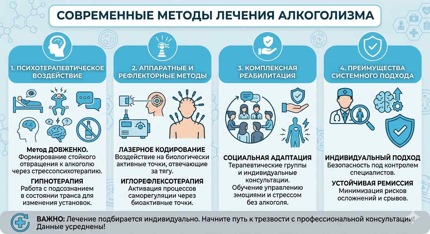 Инфографика новые методы лечения алкоголизма: метод Довженко, гипнотерапия, лазерное кодирование и иглорефлексотерапия