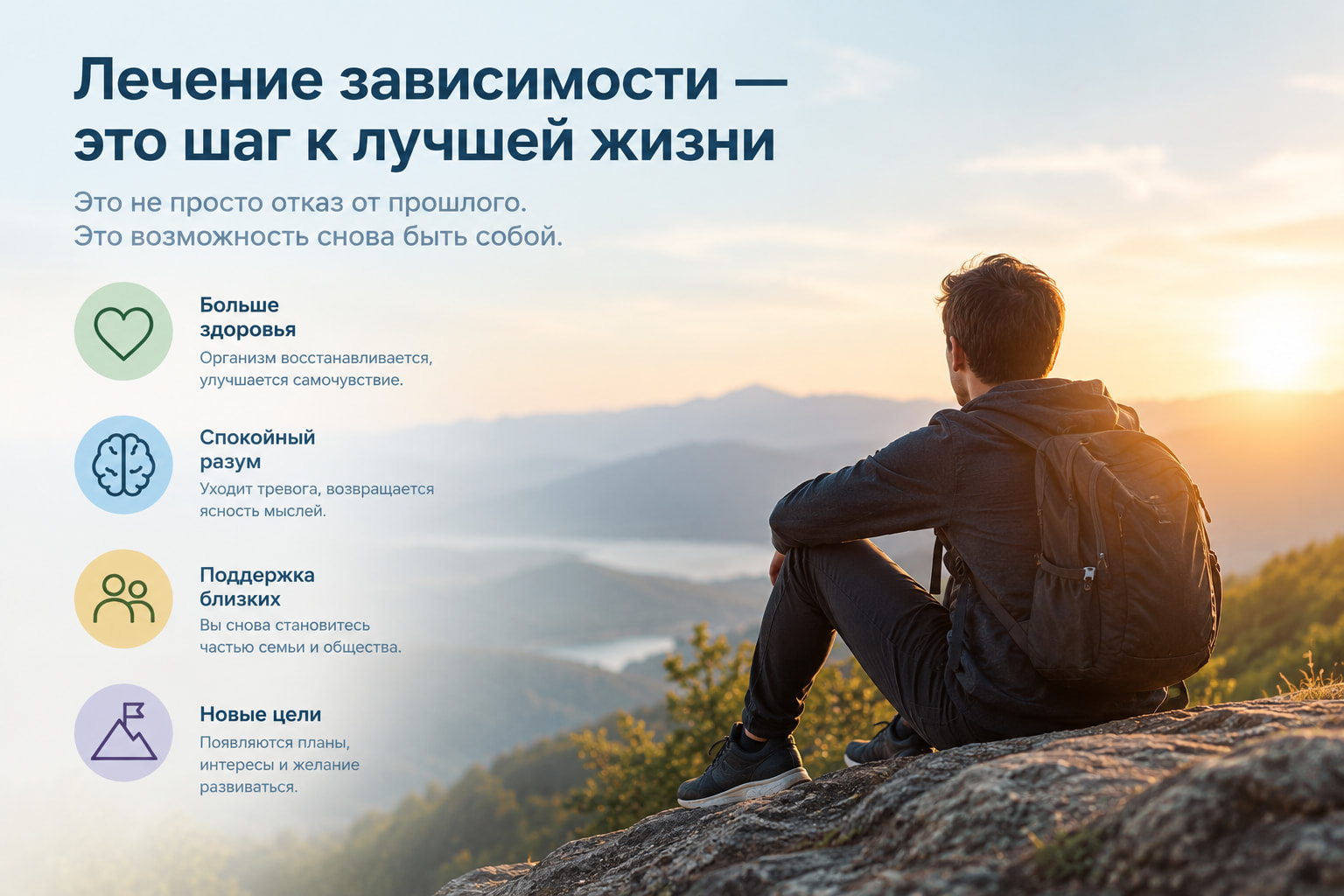 Инфографика о мотивации на лечение зависимости: здоровье, спокойствие, поддержка близких и новые цели